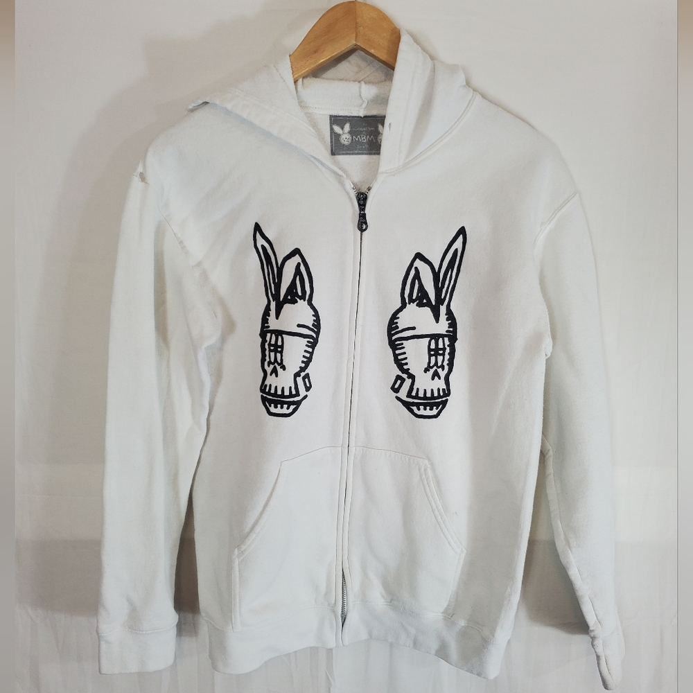Kodone X MBM Men's Small White Full-Zip Hoodie Sweatshirt Distressed